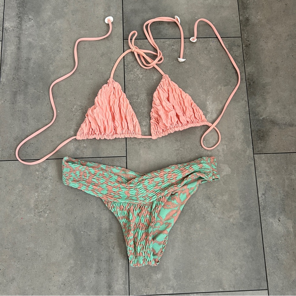 Tori Paver kalani ruched bikini pink green swim M/L